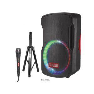 Bocina recargable de 15" 110-220 ACV incluye trípode y 1 micrófono, USB, SD y Bluetooth, se pueden conectar 2 instrumentos
