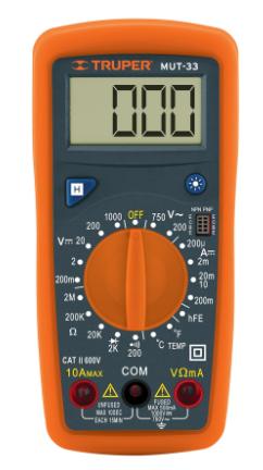 Multímetro digital DCV 200 mV - 1000 V, DC 200 µA - 10 A, resistencia 200 ohmios - 2 M ohmios