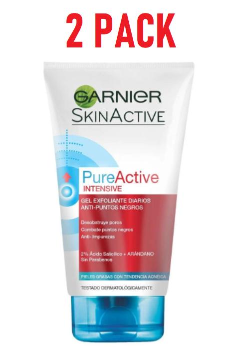 Gel exfoliante facial Garnier Skin Active Pure Active 3 en 1 anti-puntos negros 150 ml paquete de 2 piezas