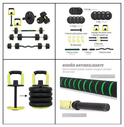 SET 20 KGS: 4 DISCOS DE 2 KG, 4 DISCOS DE 1.5 KG, 4 DISCOS DE 1.25 KG, 8 TUERCAS, 2 BARRAS DE MANCUERNA, 1 BARRA ROLL, 2 CONECTORES (BARRA RECTA Y BARRA Z), 2 MANGOS DE KETTLEBELL
