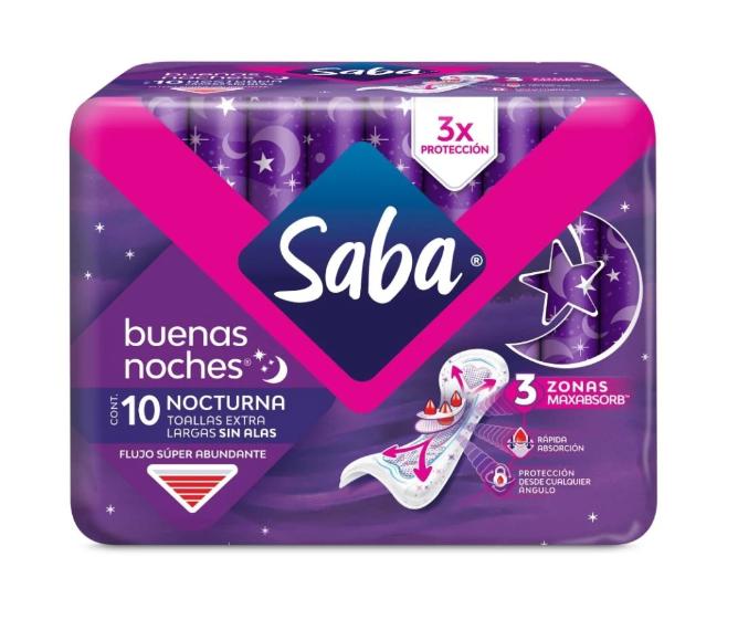 Toallas femeninas Saba nocturnas para flujo abundante paquete de 10 piezas